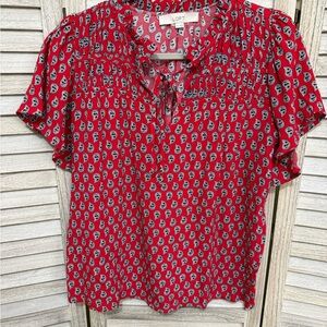 LOFT Red and Black Patterned Blouse